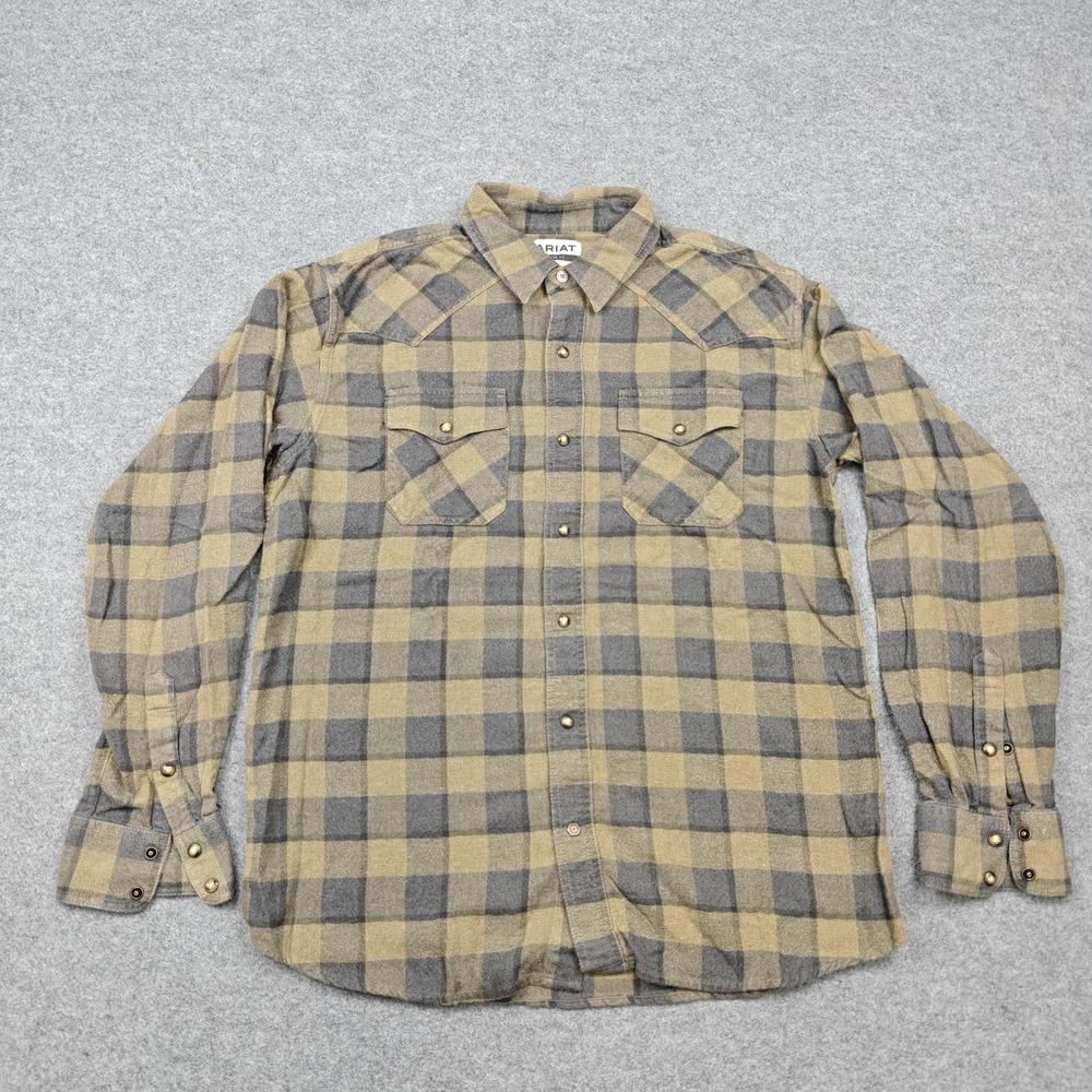 Ariat Flannel Shirt Mens Large Beige Plaid Cotton Long Sleeve Snap Western - Picture 1 of 10